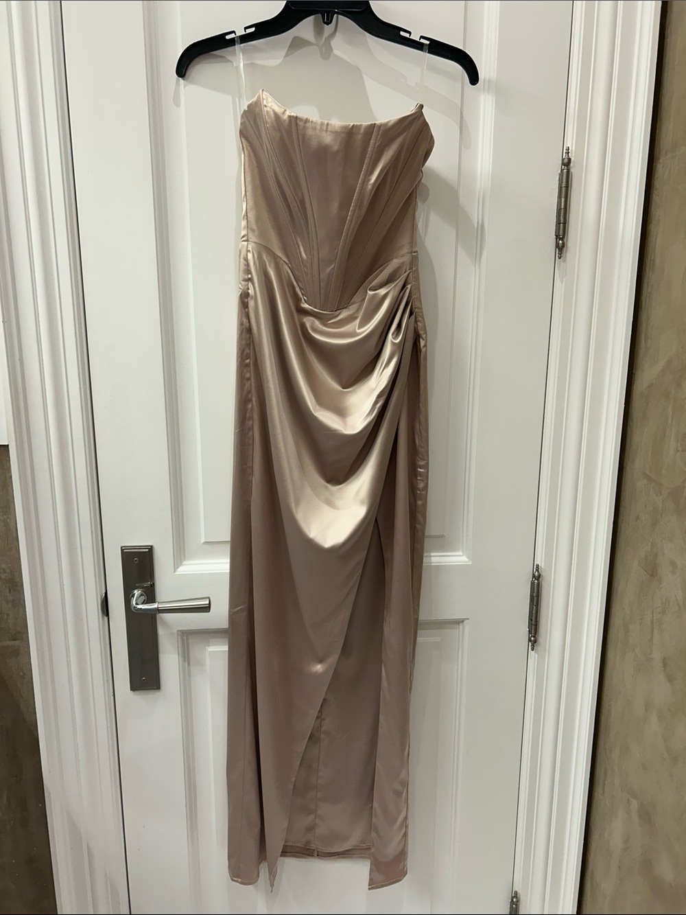 Baby boo Strapless Draped Satin Evening Dress in Champagne - XS